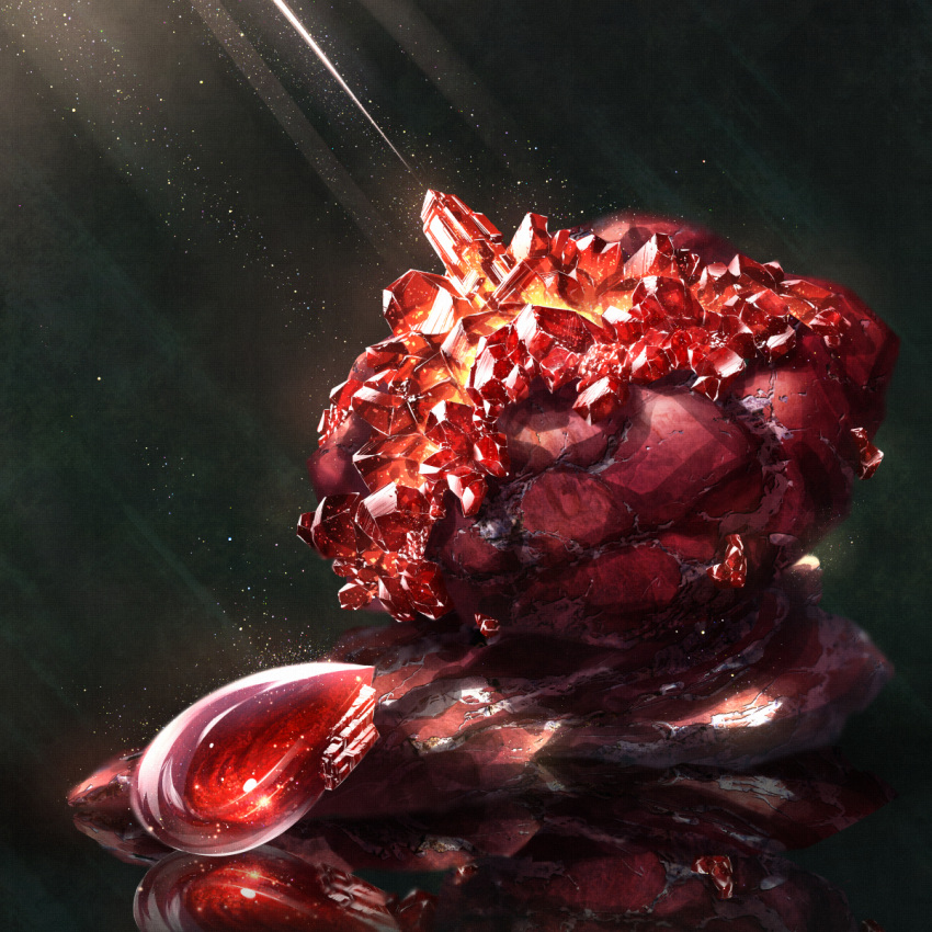 cluseller commentary_request crystal gem green_background highres light_particles light_rays no_humans original partial_commentary reflection rock ruby_(gemstone) shiny simple_background still_life