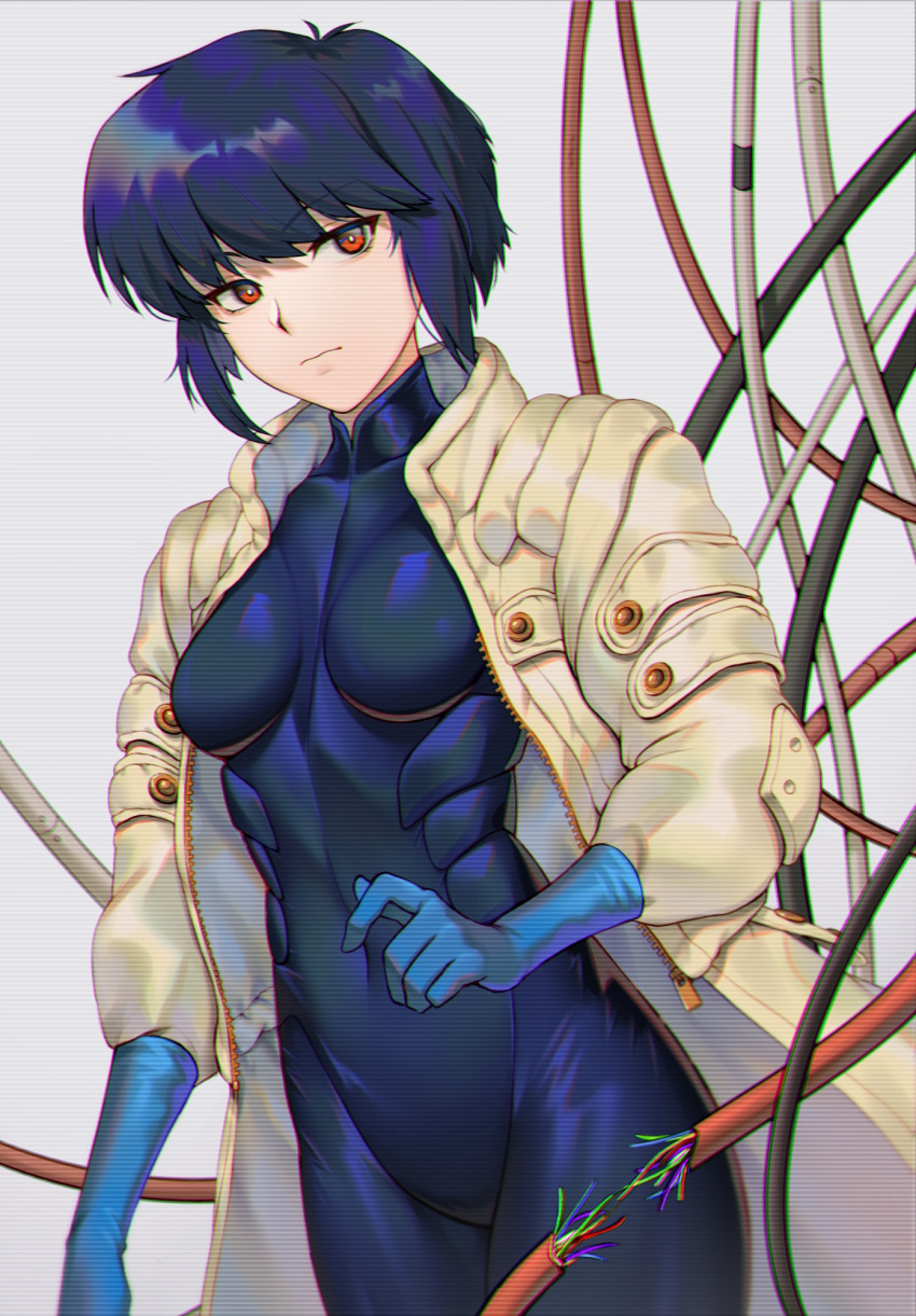 1girl bangs black_hair blue_bodysuit blue_gloves bodysuit breasts closed_mouth collar eyebrows_visible_through_hair ghost_in_the_shell gloves grey_background highres jacket kusanagi_motoko looking_at_viewer medium_breasts open_clothes red_eyes reiji-rj short_hair simple_background solo standing upper_body white_jacket wire zipper zipper_pull_tab