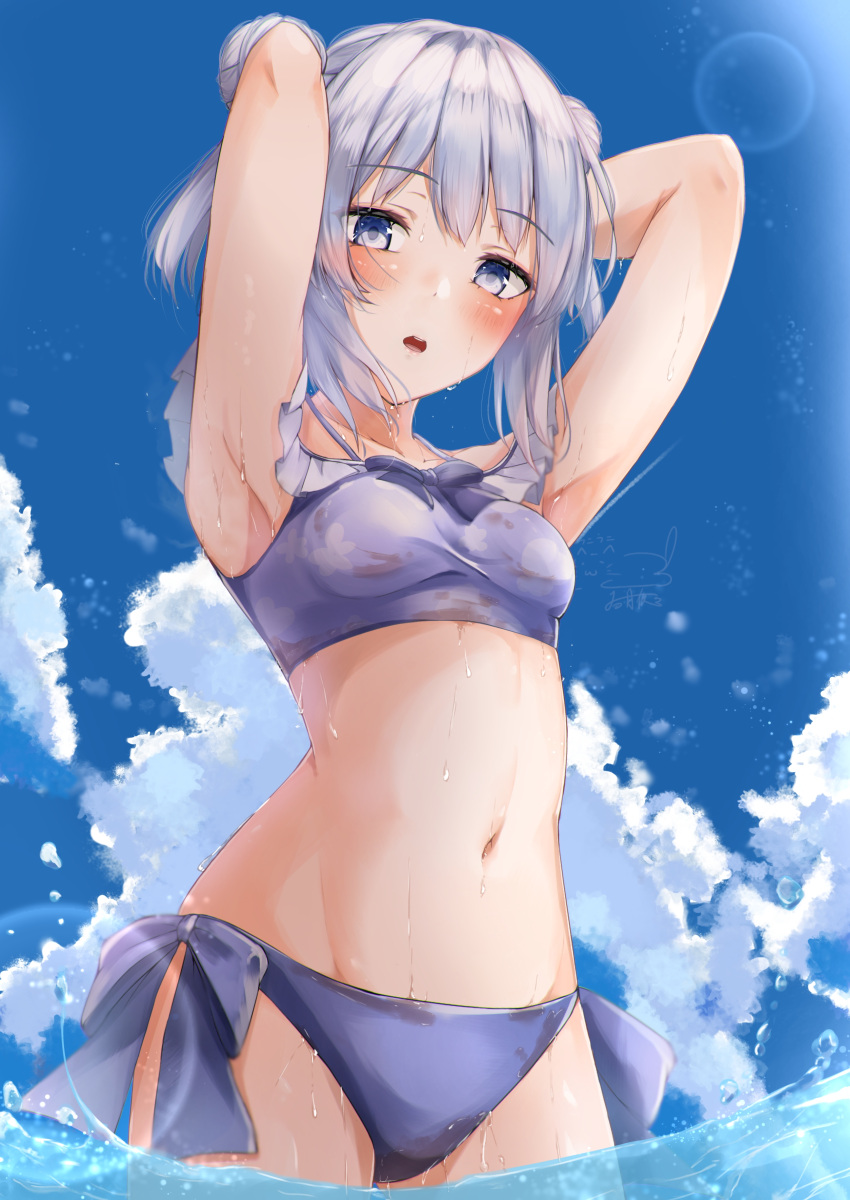 1girl :o absurdres armpits arms_up ballpoint_pen_(medium) bangs bikini blue_sky blue_swimsuit blush breasts calligraphy_brush_(medium) chunithm clouds commentary_request cowboy_shot day eyebrows_visible_through_hair grey_eyes highres kisaragi_yaya kobotoke_nagi lens_flare looking_at_viewer navel open_mouth outdoors silver_hair sky small_breasts solo standing swimsuit traditional_media upper_teeth water wet