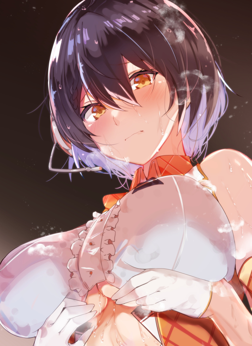 1girl arito_arayuru arm_strap azur_lane baltimore_(azur_lane) baltimore_(muse)_(azur_lane) black_background black_hair blush bow breasts center_opening closed_mouth clothing_cutout collared_shirt from_below gloves hair_between_eyes highres idol large_breasts official_alternate_costume orange_bow shirt short_hair sleeveless sleeveless_shirt sweat under_boob underboob_cutout white_gloves yellow_eyes