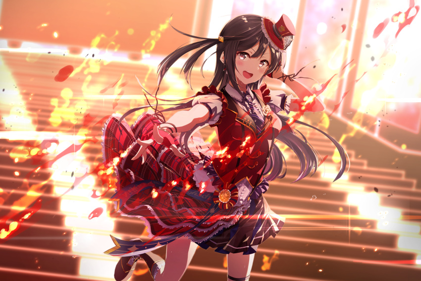 1girl :d bangs black_hair blurry blurry_background breasts collared_shirt daisu dress_shirt fingerless_gloves fire gloves grey_eyes hair_ornament hand_on_head hat highres long_hair looking_at_viewer love_live! love_live!_nijigasaki_high_school_idol_club medium_breasts necktie one_side_up open_mouth outstretched_arm outstretched_hand plaid plaid_skirt puffy_sleeves red_gloves red_headwear red_vest shirt short_sleeves skirt smile solo stairs standing standing_on_one_leg striped striped_neckwear tongue upper_teeth vest white_shirt yuuki_setsuna_(love_live!)