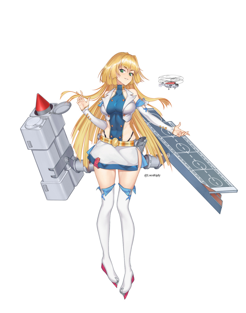 1girl aircraft blonde_hair blue_oath covered_navel detached_sleeves dmitriy_samarkin green_eyes hand_up helicopter highres long_hair parted_lips simple_background skates sleeves_past_wrists smile solo thigh-highs twitter_username very_long_hair white_background white_legwear white_sleeves