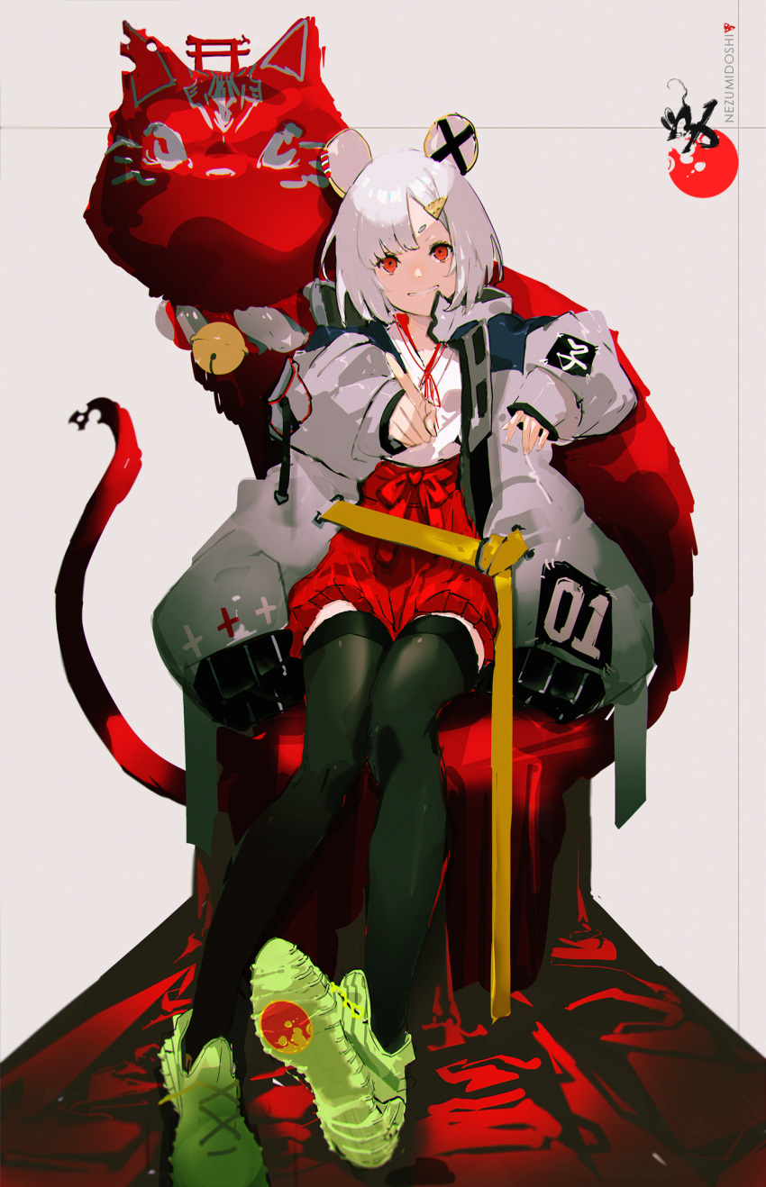 1girl animal_ears black_legwear coat copyright_request green_footwear grey_coat grey_hair hair_ornament hairclip hakama_pants highres long_sleeves looking_at_viewer mouse_ears open_clothes open_coat red_eyes red_shorts shoes shorts sitting smile so-bin solo thigh-highs torii