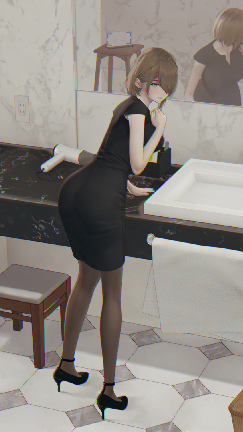 1girl alternate_costume artist_name basket bathroom black_dress black_footwear book brown_hair chromatic_aberration commentary_request dress eleaaa full_body hair_dryer hair_over_one_eye hand_up high_heels highres honkai_(series) honkai_impact_3rd indoors leaning_forward looking_at_viewer looking_back one_eye_covered pantyhose paper pencil_dress reflection rita_rossweisse shoes short_dress short_hair short_sleeves sink solo standing stool towel towel_rack unplugged