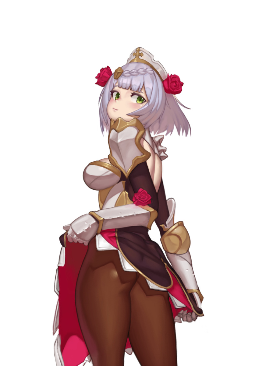 1girl :t armor ass braid breasts brown_legwear dress dress_lift flower genshin_impact hair_ornament highres lifted_by_self looking_back maid noelle_(genshin_impact) pantyhose pout rose shoes short_hair simple_background simtano skirt skirt_lift solo standing vambraces white_background white_hair
