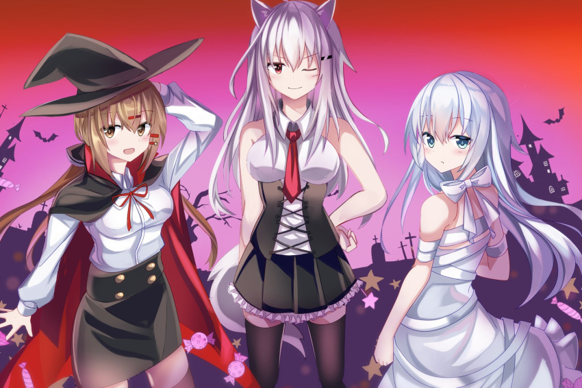 3girls alternate_costume animal_ears bandages bat black_bow black_headwear black_legwear black_skirt blue_eyes bow brown_eyes brown_hair castle cat_ears cat_tail commentary_request cowboy_shot dress dress_shirt facial_scar fathom gangut_(kantai_collection) gradient_sky hair_bow hair_ornament hairclip halloween_costume hat hibiki_(kantai_collection) highres kantai_collection long_hair low_twintails multiple_girls one_eye_closed pencil_skirt pleated_skirt red_eyes red_sky scar scar_on_cheek shirt silver_hair skirt sky sleeveless sleeveless_shirt standing tail tashkent_(kantai_collection) thigh-highs twintails verniy_(kantai_collection) white_dress witch_hat