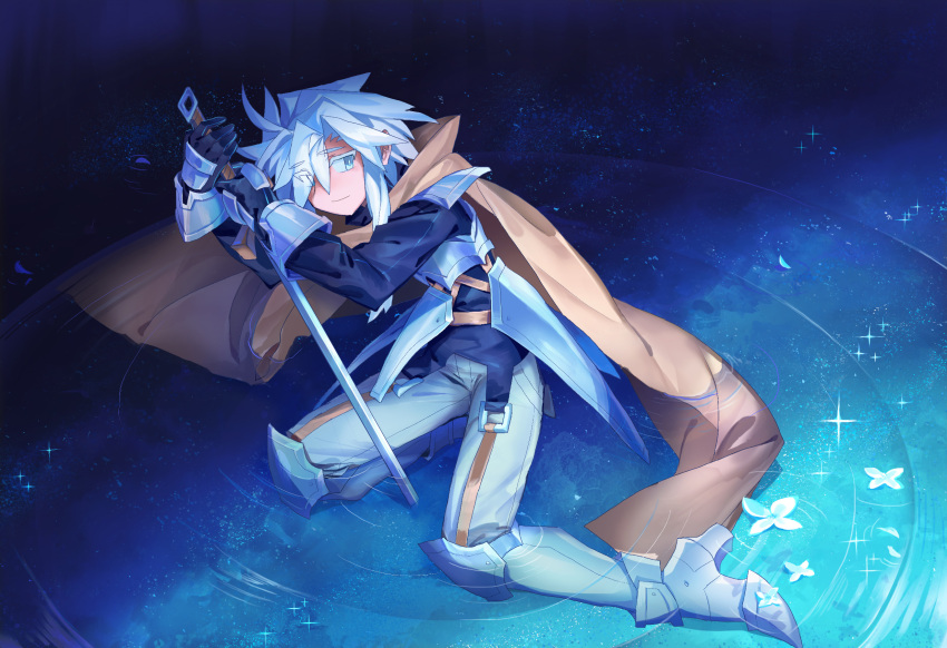 1other ahoge androgynous blue_eyes blue_jacket bright_pupils brown_cape cape closed_mouth highres holding holding_sword holding_weapon jacket kneeling looking_at_viewer pants petals petals_on_liquid planted_sword planted_weapon reflection shichigatsu smile soaking_feet solo sword weapon white_hair white_pants