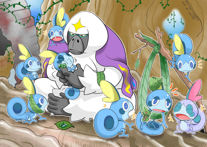 alternate_color blue_eyes climbing closed_eyes closed_mouth commentary_request gen_7_pokemon gen_8_pokemon holding holding_pokemon leaf looking_down nose_bubble o3o open_mouth oranguru pokemon pokemon_(creature) shiny_pokemon smile sobble takigawageenito tongue tree_branch