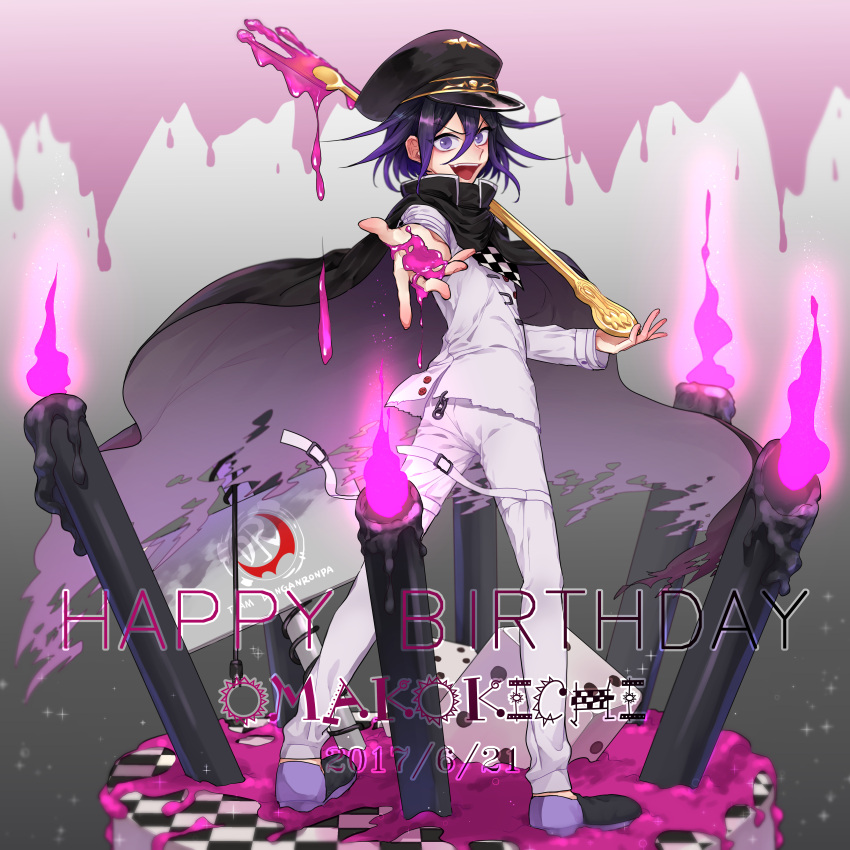 1boy absurdres black_cape black_hair black_headwear cake candle candlelight cape character_name checkered checkered_scarf commentary_request copyright_name cream dangan_ronpa dated fang food foreshortening fork from_behind full_body hair_between_eyes happy_birthday hat highres holding holding_fork jacket long_sleeves looking_at_viewer male_focus nanin new_dangan_ronpa_v3 open_mouth ouma_kokichi oversized_object pants purple_hair scarf short_hair smile solo standing straitjacket upper_teeth violet_eyes white_jacket white_pants