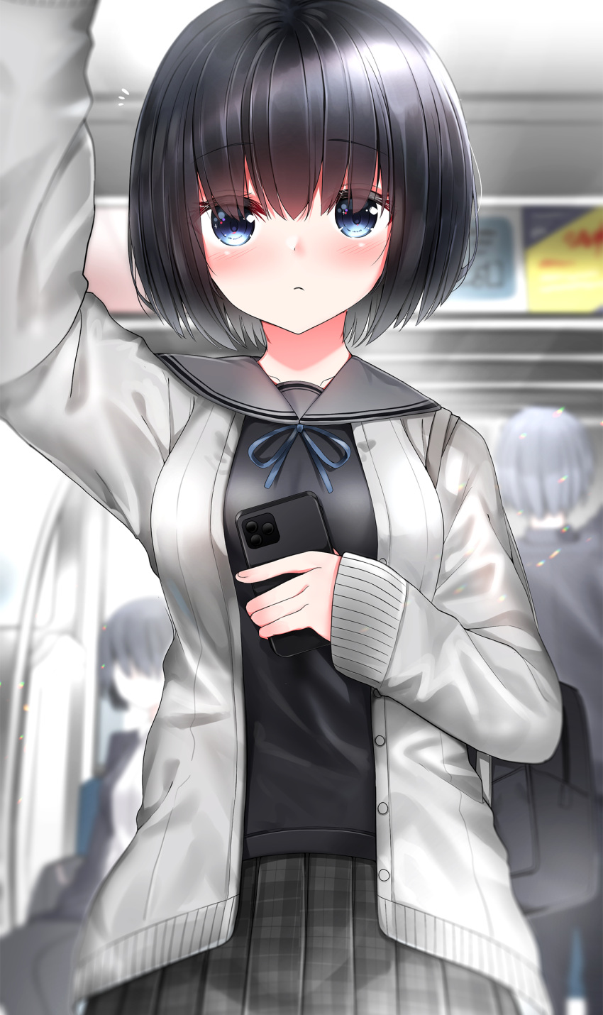 1boy 2girls bangs black_hair black_serafuku black_shirt blue_eyes blurry blurry_background blush breasts cardigan cellphone cellphone_camera closed_mouth depth_of_field eyebrows_visible_through_hair eyes_visible_through_hair grey_cardigan grey_sailor_collar grey_skirt hair_over_eyes highres holding holding_phone looking_at_viewer medium_breasts multiple_girls neku_(neku_draw) open_cardigan open_clothes original phone plaid plaid_skirt pleated_skirt sailor_collar school_uniform serafuku shirt short_hair skirt sleeves_past_wrists smartphone solo_focus train_interior