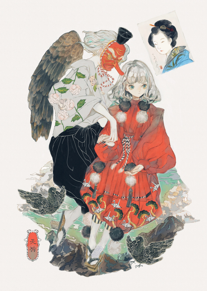 2girls bird black_bird black_pants blue_eyes clouds flower full_body geta hair_ornament hair_stick highres long_sleeves mask multiple_girls original pants pom_pom_(clothes) print_shirt puffy_long_sleeves puffy_pants puffy_sleeves red_shirt rock shirt short_hair tassel tengu_mask white_flower white_hair yogisya