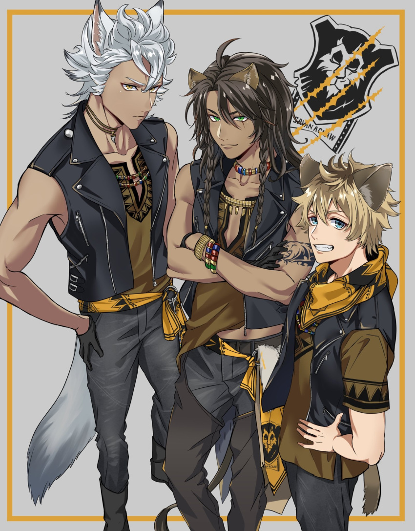 3boys ahoge animal_ears arm_tattoo bandana black_gloves black_vest blue_eyes bracelet braid brown_hair collarbone crossed_arms dao_(daao_bf) dark_skin emblem fang fang_necklace gloves green_eyes hair_between_eyes hair_over_shoulder half_gloves hand_on_hip highres hyena_boy hyena_ears jack_howl jewelry leona_kingscholar lion_boy lion_ears lion_tail long_hair male_focus multiple_boys neckerchief official_style ruggie_bucchi scar scar_across_eye shirt short_hair sleeveless sleeveless_shirt smile smirk tail tattoo toboso_yana_(style) twisted_wonderland vest white_hair wolf_boy wolf_ears wolf_tail yellow_eyes