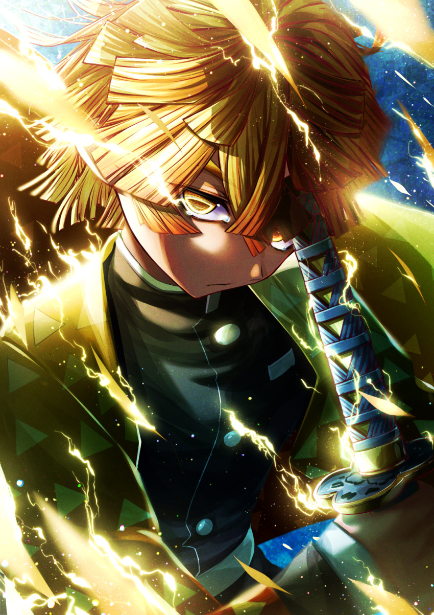 1boy agatsuma_zenitsu bangs black_shirt blonde_hair blue_background closed_mouth cluseller commentary_request electricity hand_up haori highres holding holding_sword holding_weapon japanese_clothes katana kimetsu_no_yaiba long_sleeves looking_at_viewer male_focus shiny shiny_hair shirt short_hair solo standing sword tears triangle_print upper_body weapon yellow_eyes
