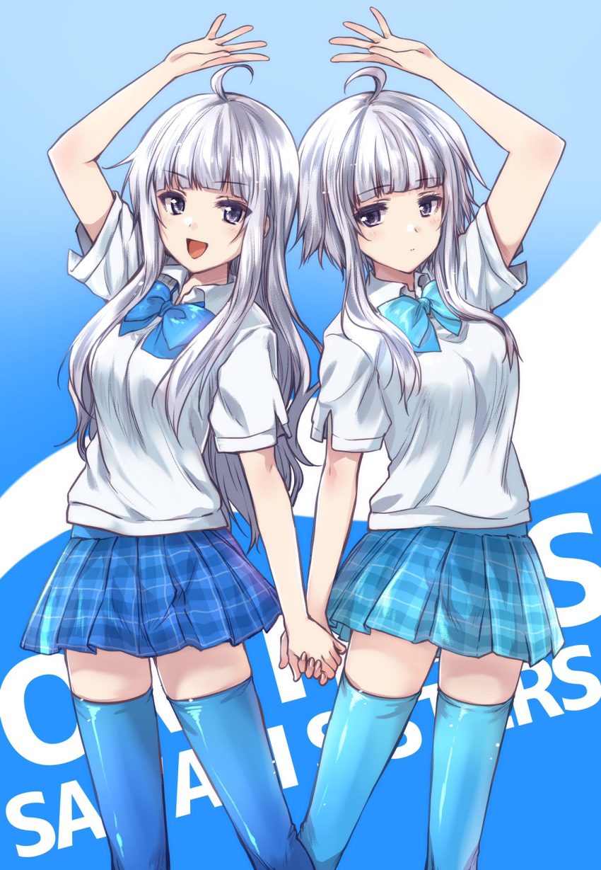 2girls :d ahoge arm_up background_text bangs ben-tou blue_background blue_bow blue_legwear blue_neckwear blue_skirt blunt_bangs bow bowtie character_name closed_mouth collared_shirt commentary_request eyebrows_visible_through_hair highres holding_hands kuroi_mimei light_frown long_hair looking_at_viewer miniskirt multiple_girls open_mouth plaid plaid_skirt pleated_skirt sawagi_kyou_(elder) sawagi_kyou_(younger) school_uniform shirt short_hair_with_long_locks short_sleeves siblings side-by-side sidelocks silver_hair sisters skirt smile standing symmetrical_hand_pose thigh-highs twins violet_eyes white_shirt wing_collar