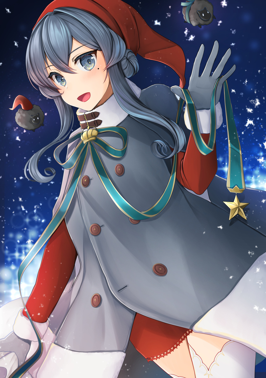 1girl absurdres alternate_costume blue_eyes blue_hair coat commentary_request cowboy_shot dress gloves gotland_(kantai_collection) green_ribbon grey_coat grey_gloves hair_between_eyes hair_bun hat highres kantai_collection long_hair long_sleeves looking_at_viewer mole mole_under_eye open_mouth red_dress ribbon santa_hat sheep snow solo thigh-highs waving white_legwear yunamaro