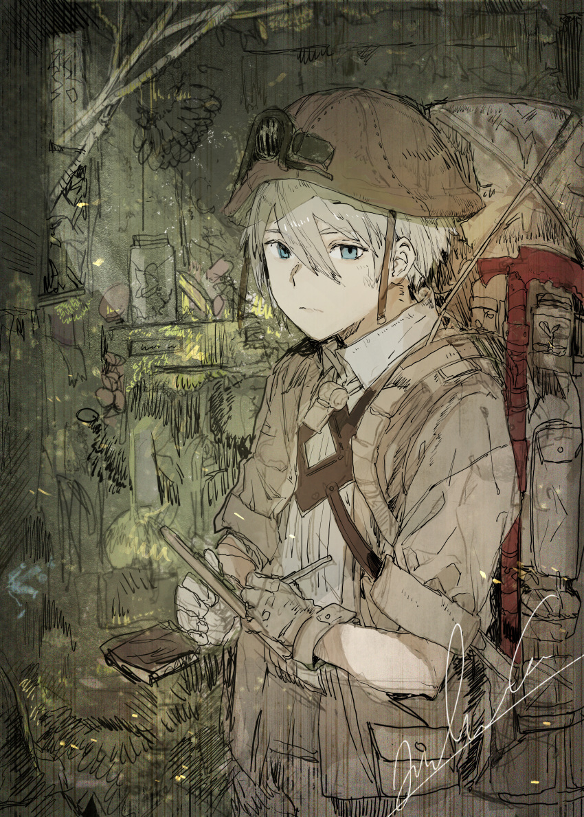1boy absurdres backpack bag blue_eyes brown_headwear closed_mouth gloves grey_hair hair_between_eyes helmet highres hiranko holding huge_filesize indoors jar jiruo_(made_in_abyss) made_in_abyss male_focus short_sleeves solo whistle whistle_around_neck writing