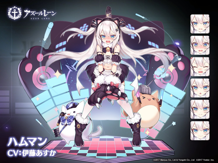 1girl alternate_costume animal_ears apron azur_lane bare_shoulders bell black_skirt blue_eyes blush cat cat_ears crop_top detached_collar detached_sleeves embarrassed enmaided fake_animal_ears floating_hair gloves hairband hammann_(azur_lane) hammann_(kemonomimi_punch)_(azur_lane) idol jingle_bell kaede_(yumesaki_kaede) long_hair looking_at_viewer maid maid_apron meowfficer_(azur_lane) midriff miniskirt navel nose_blush official_art open_mouth paw_gloves paw_shoes paws shoes silver_hair skirt solo thigh-highs two_side_up v-shaped_eyebrows very_long_hair waist_apron white_legwear zettai_ryouiki