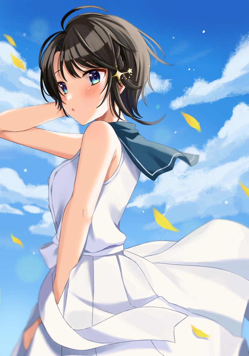 1girl :o ahoge arm_up bare_arms bare_shoulders black_hair blue_eyes blue_sailor_collar blue_sky blush braid clouds commentary_request cowboy_shot day dress hair_ornament hand_in_hair highres hololive looking_away looking_to_the_side moonbell oozora_subaru outdoors parted_lips petals sailor_collar sailor_dress short_hair sky sleeveless sleeveless_dress solo star_(symbol) star_hair_ornament white_dress wind