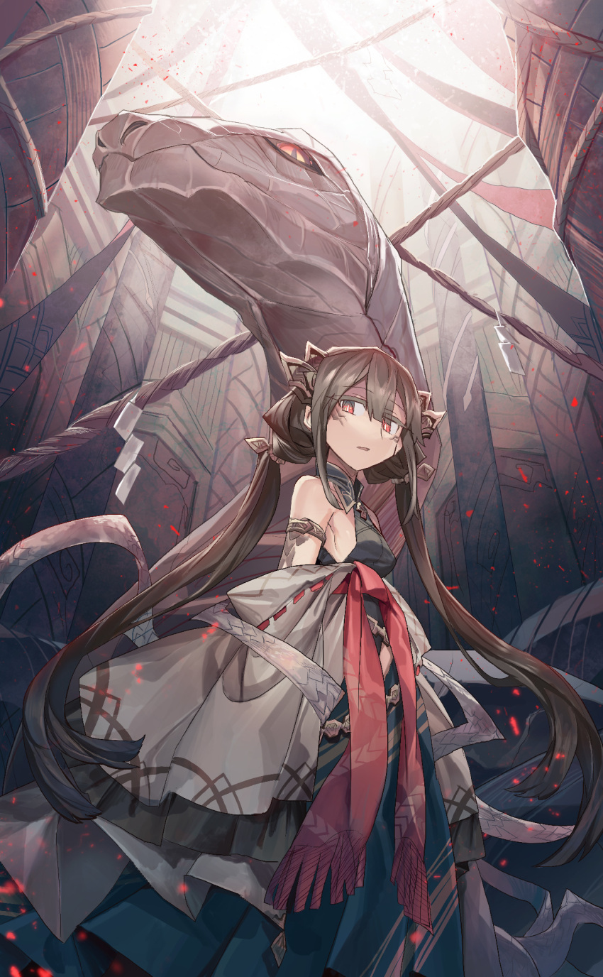 1girl bare_shoulders blue_hakama breasts bright_pupils brown_hair dinosaur hakama highres japanese_clothes long_hair looking_at_viewer low_twintails off-shoulder_kimono original parted_lips red_eyes sash shichigatsu small_breasts solo standing twintails very_long_hair white_pupils