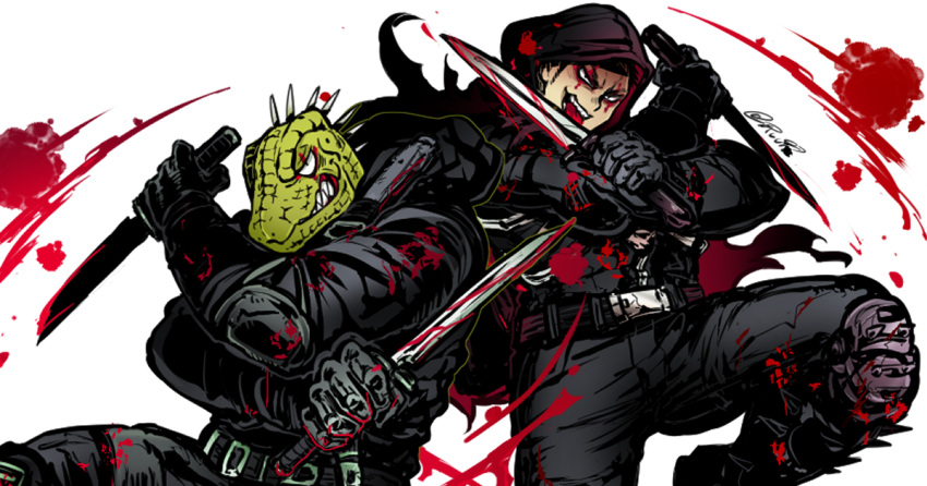 2boys aikawa_(dorohedoro) black_hair black_hoodie black_pants blood blood_splatter bloody_weapon chest climaxmukr dorohedoro dual_wielding facial_mark fighting_stance green_skin holding holding_weapon hood hoodie kaiman_(dorohedoro) knife lizardman male_focus multiple_boys open_clothes open_hoodie pants scales sharp_teeth short_hair sideburns teeth toned toned_male weapon