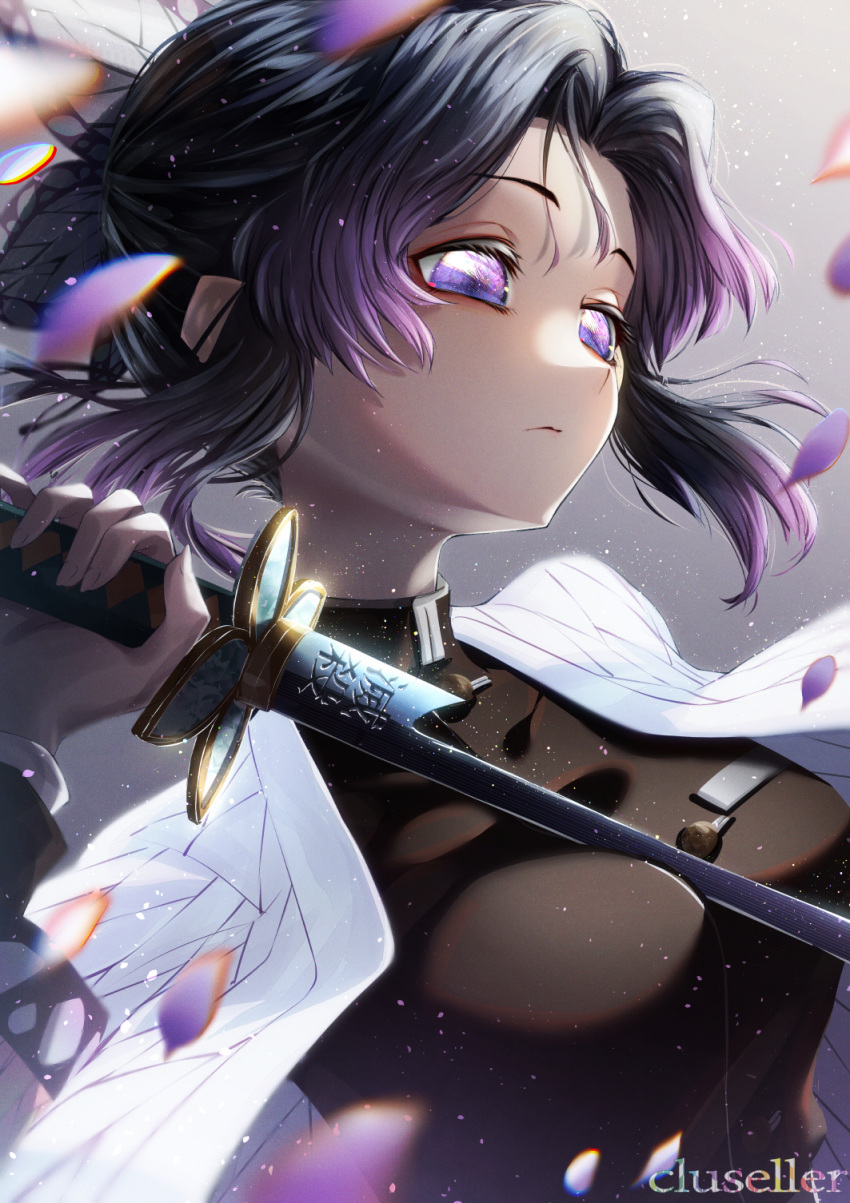 1girl artist_name black_hair black_shirt blurry_foreground breasts butterfly_hair_ornament closed_mouth cluseller commentary_request gradient gradient_background gradient_hair grey_background hair_intakes hair_ornament half-closed_eyes hand_up haori highres holding holding_sword holding_weapon japanese_clothes katana kimetsu_no_yaiba kochou_shinobu light_particles medium_breasts multicolored_hair petals purple_hair shirt short_hair simple_background solo sword translation_request upper_body violet_eyes watermark weapon