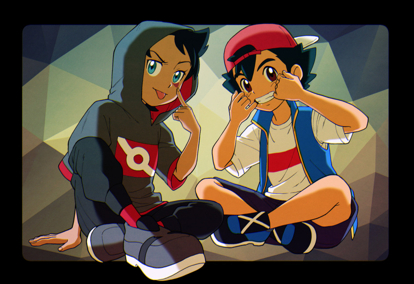 2boys akanbe ash_ketchum backwards_hat baseball_cap black_hair black_pants blue_eyes brown_eyes commentary_request eyelashes goh_(pokemon) hat hood hood_up male_focus mouth_pull multiple_boys pants peruho pokemon pokemon_(anime) pokemon_swsh_(anime) shirt shoes short_sleeves shorts sitting sleeveless sleeveless_jacket smile teeth tongue tongue_out white_shirt