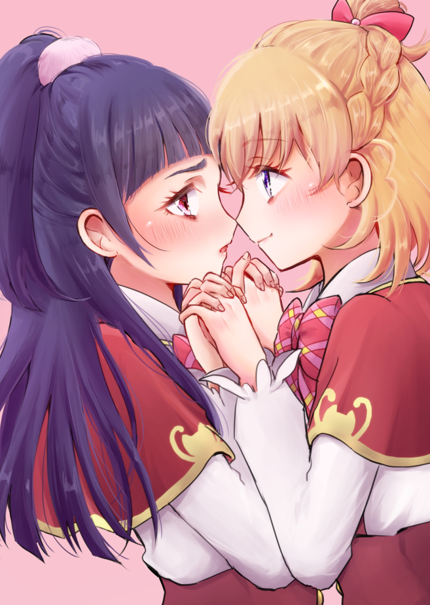2girls asahina_mirai bangs blonde_hair blue_eyes blunt_bangs bow bowtie braid capelet closed_mouth couple eye_contact eyebrows_visible_through_hair french_braid from_side hair_bow hair_ornament high-waist_skirt high_ponytail highres holding_hands imminent_kiss interlocked_fingers izayoi_liko kononkono long_hair long_sleeves looking_at_another mahou_girls_precure! multiple_girls open_mouth pink_background plaid_neckwear precure purple_hair red_bow red_capelet red_eyes red_neckwear red_skirt shiny shiny_hair shirt short_hair skirt smile upper_body white_shirt yuri