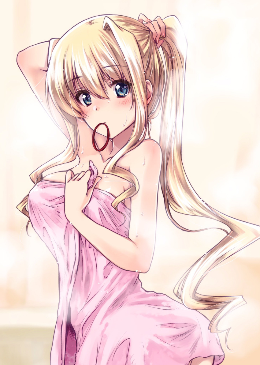 1girl adjusting_hair arm_behind_head arm_up bangs bare_shoulders blonde_hair blue_eyes commentary_request eyebrows_visible_through_hair from_side hair_tie_in_mouth hand_in_hair highres holding holding_towel ilfriede_von_feulner kuroi_mimei long_hair looking_at_viewer mouth_hold muvluv muvluv_alternative naked_towel pink_towel ponytail sidelocks solo standing steam towel wavy_hair wet