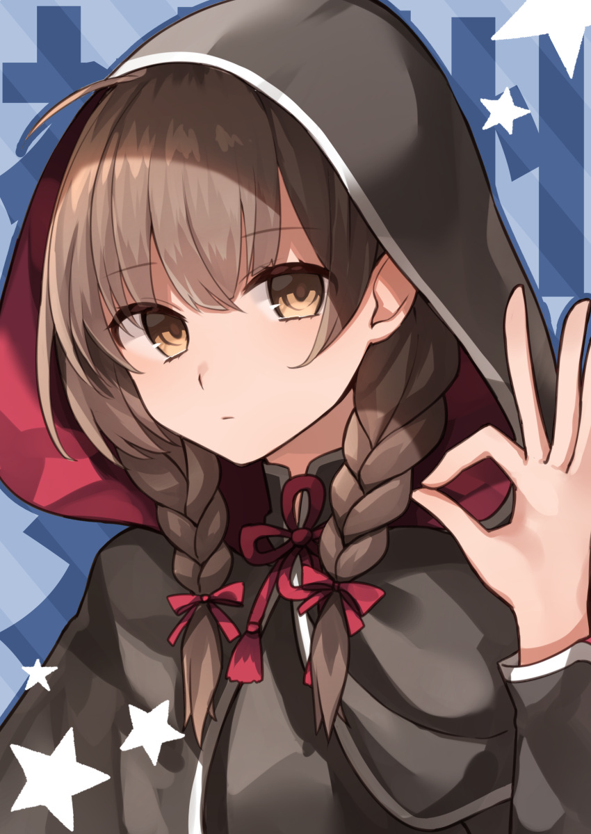 1girl absurdres ahoge bangs black_capelet braid brown_eyes brown_hair capelet commentary_request eyebrows_visible_through_hair hair_ribbon highres hood hood_up hooded_capelet kantai_collection katsuobushi_(eba_games) long_hair long_sleeves looking_at_viewer ok_sign red_ribbon ribbon shinshuu_maru_(kantai_collection) solo star_(symbol) twin_braids upper_body