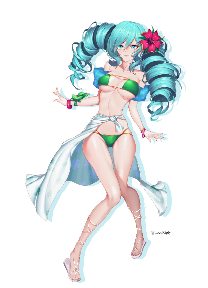 1girl aqua_hair bangle bikini blue_eyes blush bow bracelet dmitriy_samarkin drill_hair eyebrows_visible_through_hair eyepatch_bikini flower full_body green_bikini green_bow hair_flower hair_ornament highres houchi_shoujo jewelry long_hair looking_at_viewer navel pink_nails red_flower sandals shadow simple_background smile solo swimsuit twin_drills twintails twitter_username white_background