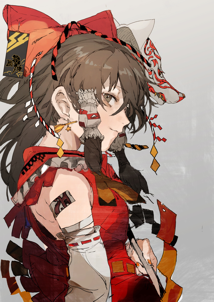 1girl absurdres bangs bow brown_hair detached_sleeves earrings fox_mask from_side gohei grey_background grey_hair hair_bow hair_tubes hakurei_reimu highres hiranko huge_filesize jewelry light_smile mask nail_polish profile shide simple_background smile solo star_(symbol) star_earrings touhou yellow_nails