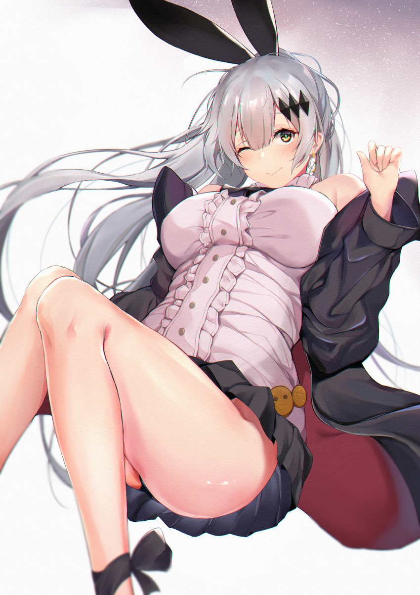 1girl absurdres animal_ears ankle_ribbon bangs bare_shoulders black_jacket black_panties black_ribbon black_skirt blush breasts buttons closed_mouth fake_animal_ears feet_out_of_frame five-seven_(girls_frontline) frills girls_frontline hair_between_eyes hair_ornament hairclip hand_up highres huge_filesize jacket knees_up large_breasts long_hair long_sleeves looking_at_viewer miniskirt off_shoulder one_eye_closed panties rabbit_ears ribbon shirt silver_hair skirt smile solo thighs underwear white_shirt yellow_eyes zengi