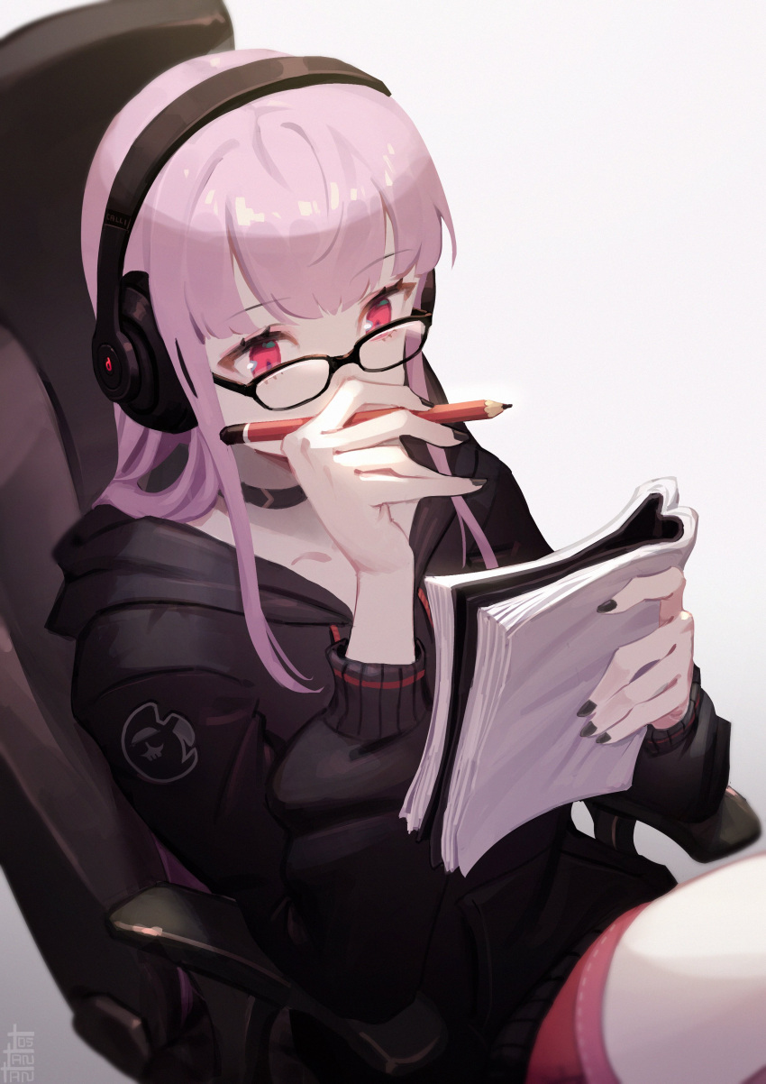 1girl absurdres bangs black_hoodie black_nails blunt_bangs casual chair glasses grey_background headphones highres holding holding_notebook holding_pencil hololive hololive_english long_hair long_sleeves mori_calliope notebook office_chair pencil pink_hair red_eyes short_shorts shorts sitting solo tostantan