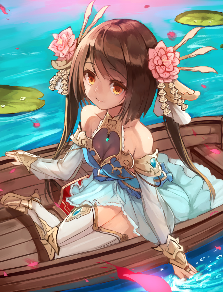 1girl bangs bare_shoulders blue_dress boat breasts bridal_gauntlets brown_eyes brown_hair closed_mouth collarbone commentary_request detached_sleeves dress eyebrows_visible_through_hair flower hair_flower hair_ornament high_heels highres lily_pad long_hair long_sleeves petals pink_flower sangokushi_taisen see-through see-through_sleeves shoes sleeveless sleeveless_dress small_breasts smile solo sue_(bg-bros) thigh-highs twintails very_long_hair water watercraft white_legwear xiao_qiao