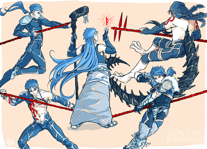 5boys abs armor back belt blue_hair bodypaint bodysuit bracelet claws codpiece crescent_necklace cu_chulainn_(fate)_(all) cu_chulainn_(fate/grand_order) cu_chulainn_(fate/prototype) cu_chulainn_alter_(fate/grand_order) detached_sleeves earrings elbow_gloves fate/grand_order fate/prototype fate/stay_night fate_(series) fighting_stance fingerless_gloves from_behind from_side full_body fur gae_bolg gloves greaves harem_pants holding holding_weapon jewelry jumping keyhof lancer long_hair male_focus monster_boy multiple_boys multiple_persona navel pants pauldrons ponytail red_eyes rune sandals short_hair shoulder_armor skin_tight spikes spiky_hair staff strap tail tank_top type-moon very_long_hair weapon wooden_staff