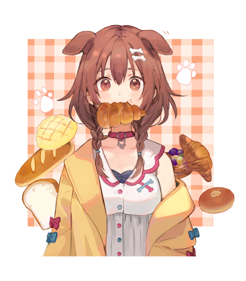 :3 animal_ears bangs blue_bow bone_hair_ornament bow brown_eyes brown_hair buttons cartoon_bone chocolate_cornet collar dog_collar dog_ears dog_girl dog_tail dress food food_in_mouth hair_between_eyes hair_ornament hairclip highres hihara_you hololive inugami_korone jacket long_hair low_twin_braids off-shoulder_jacket red_bow red_collar short_dress tail virtual_youtuber white_dress yellow_jacket