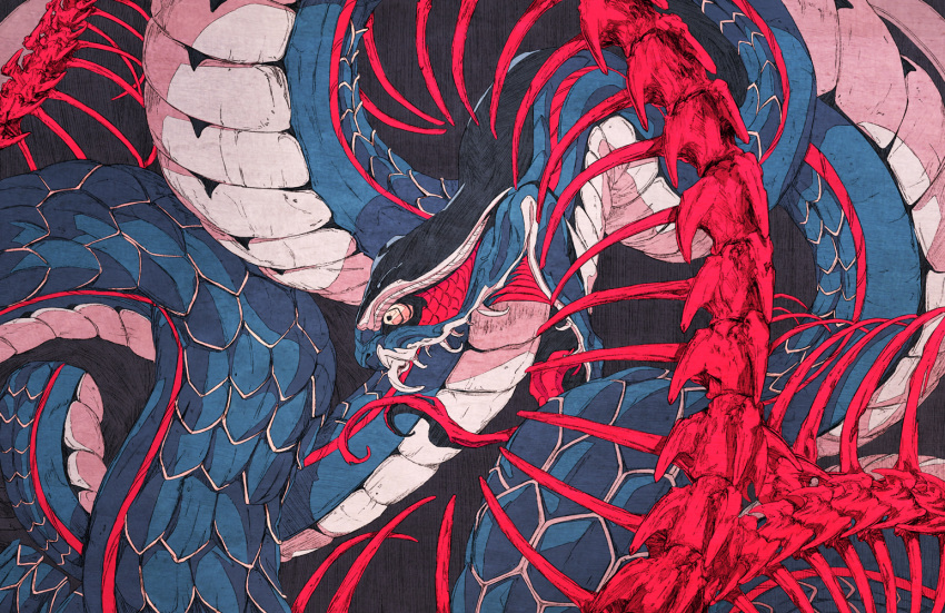 animal blue_pupils bone chun_lo hatching_(texture) no_humans open_mouth original ouroboros ribs scales sharp_teeth skeleton snake spine teeth tongue tongue_out yellow_eyes