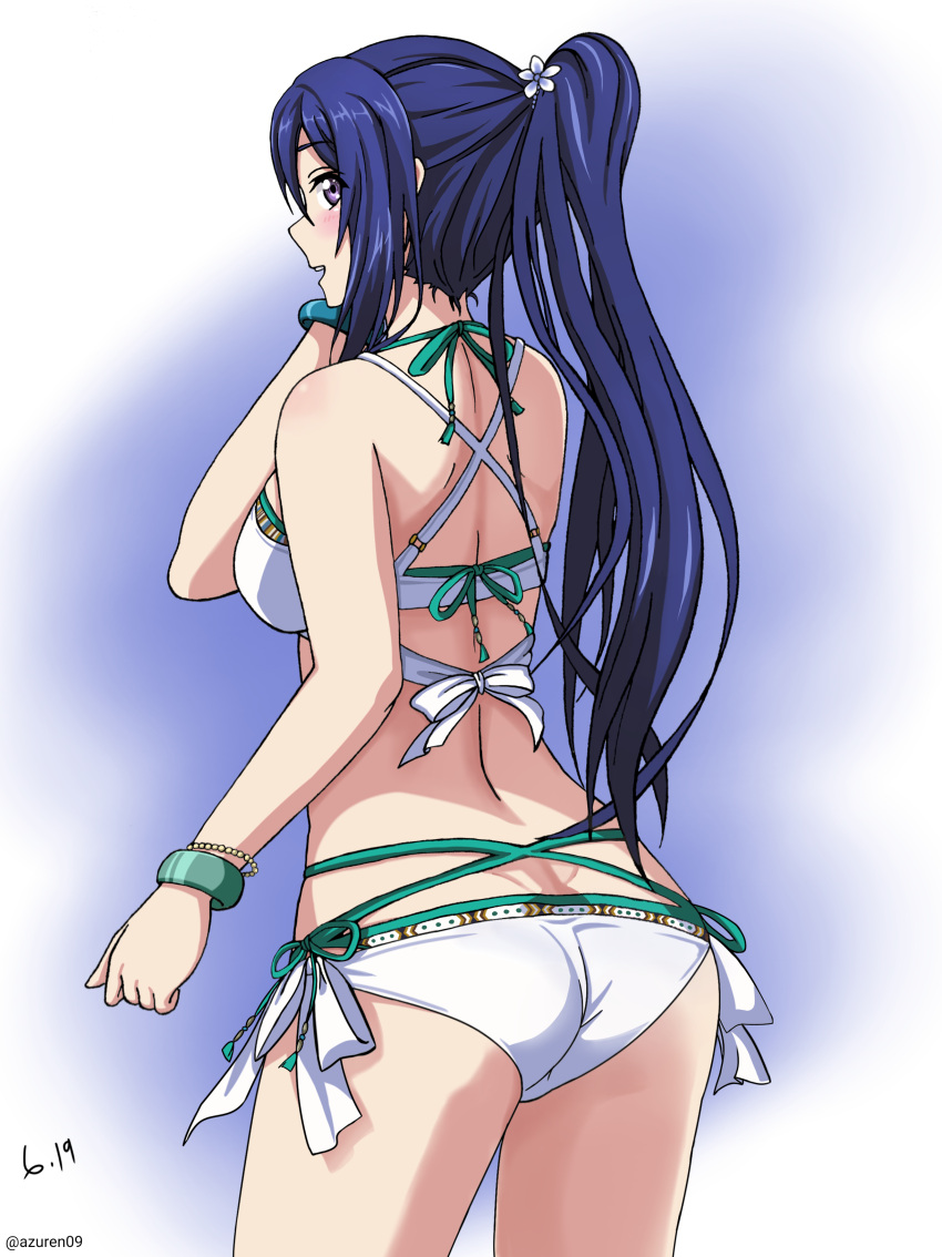 1girl absurdres ass_visible_through_thighs bikini blue_background blue_hair blush bracelet breasts contrapposto flower hair_flower hair_ornament highres jan_azure jewelry long_hair love_live! love_live!_school_idol_project love_live!_sunshine!! matsuura_kanan medium_breasts parted_lips ponytail solo swimsuit thighs twitter_username white_background yellow_eyes