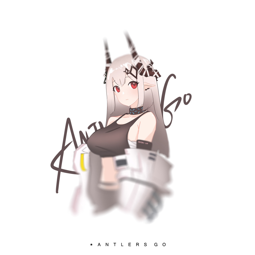 1girl antlers_go arknights armpit_crease bare_shoulders black_choker black_shirt blurry breasts camisole choker coat crop_top cropped_torso depth_of_field earrings highres horns jewelry large_breasts long_hair looking_at_viewer midriff mudrock_(arknights) off_shoulder open_clothes open_coat pointy_ears red_eyes sarashi shirt sidelocks silver_hair simple_background sleeveless sleeveless_shirt solo spaghetti_strap white_background white_coat