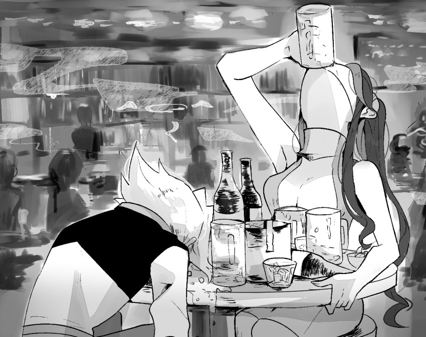 1boy 1girl alcohol bar bar_stool beer_mug cocktail_dress cup dress drinking drunk faceplant greyscale ice long_hair monochrome mug multicolored_hair ray_(yuu-gi-ou_arc-v) scribble smoke stool table tasutekete two-tone_hair unconscious very_long_hair vomit wine yu-gi-oh! yu-gi-oh!_arc-v zarc