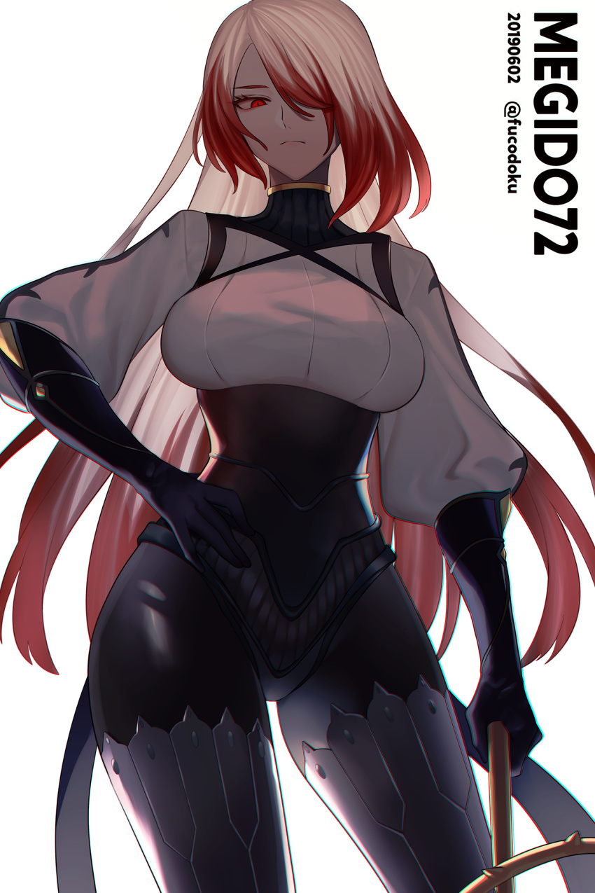 1girl asmodeus_(megido72) breasts copyright_name corset dated dip-dyed_hair fucodoku hair_over_one_eye hand_on_hip highres holding holding_whip large_breasts long_hair looking_down megido72 one_eye_covered red_eyes redhead solo white_hair
