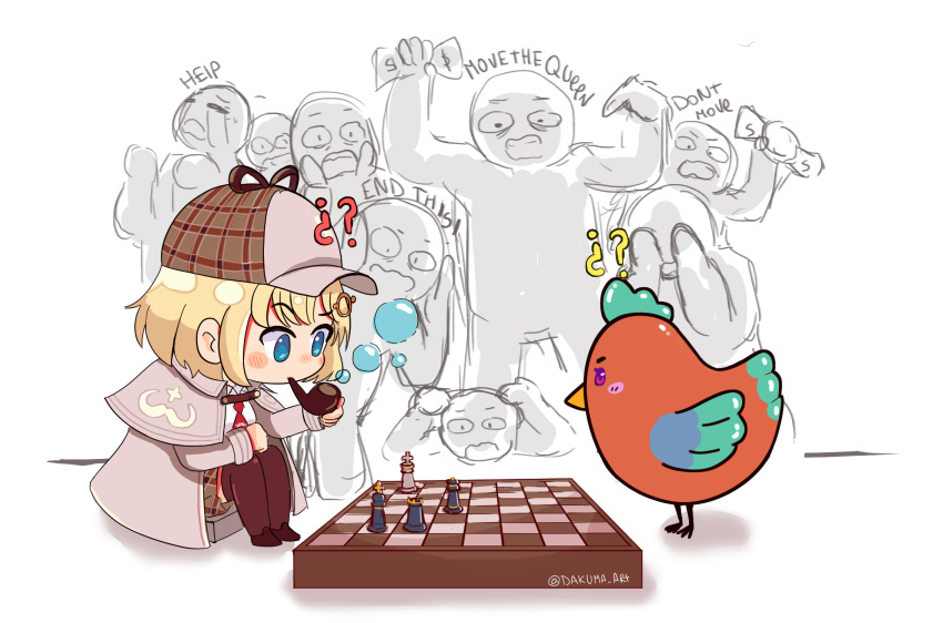 2girls ?? animalization artist_name bird blonde_hair blue_eyes board_game bubble_blowing chess chibi chicken crowd dakuma english_commentary english_text highres holding holding_money hololive hololive_english looking_down money multiple_girls takanashi_kiara virtual_youtuber watson_amelia