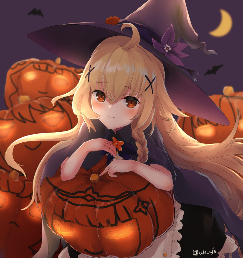 1girl atsajh blonde_hair brown_eyes crescent_moon flower_knight_girl halloween hat highres jack-o'-lantern kuko_(flower_knight_girl) leaning_forward looking_at_viewer moon smile solo witch_hat