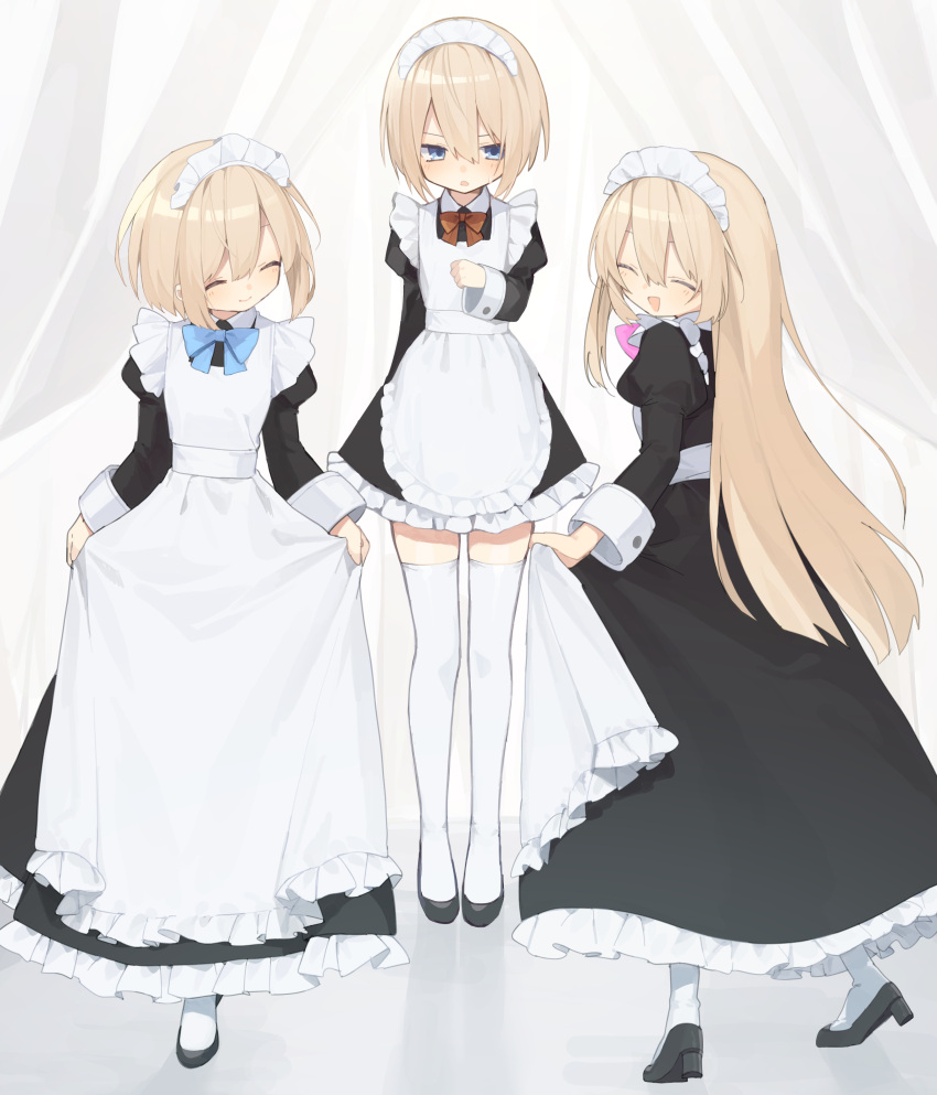 3girls absurdres alternate_costume apron arms_behind_back black_dress black_footwear blanc blue_neckwear blush bow bowtie buran_buta closed_eyes curtsey dress enmaided facing_another facing_to_the_side frilled_apron frilled_dress frills from_side full_body hair_between_eyes hand_on_own_chest high_heels highres long_dress looking_at_another looking_at_viewer maid maid_apron maid_headdress multiple_girls neptune_(series) open_mouth pink_neckwear ram_(neptune_series) red_neckwear rom_(neptune_series) short_hair siblings simple_background sisters skirt_hold smile thigh-highs twins white_apron white_background