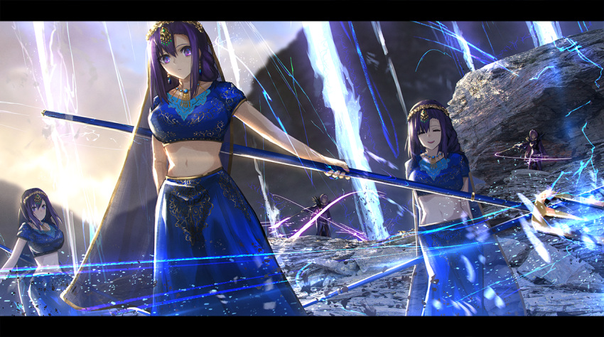 5girls amulet boulder clone closed_eyes electricity fate/grand_order fate_(series) fur_collar indian_clothes jewelry lightning long_hair matou_sakura midriff multiple_girls navel necklace otsumami_(bu-bu-heaven) parvati_(fate/grand_order) polearm purple_hair rock scathach_(fate)_(all) scathach_skadi_(fate/grand_order) smile tiara trident violet_eyes wand weapon