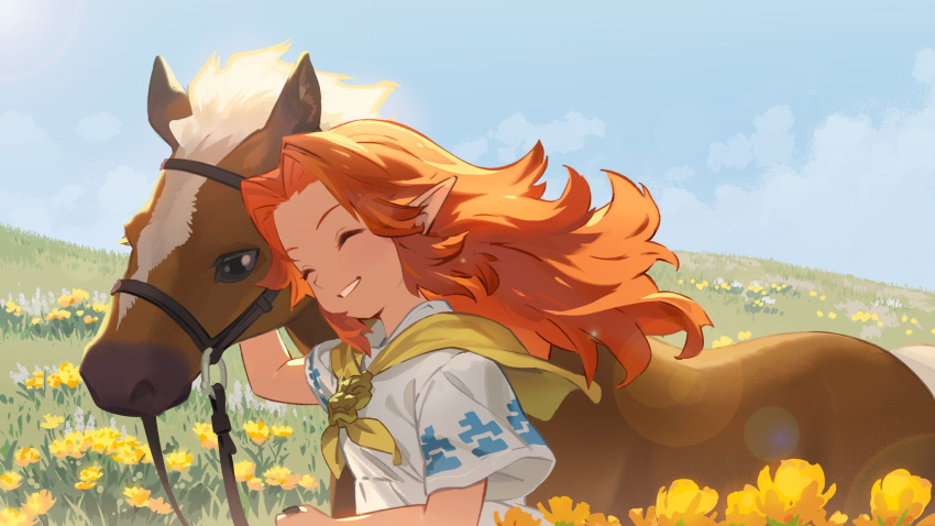 1girl animal arm_up blanco026 blue_eyes blue_sky brown_hair child closed_eyes clouds commentary day dress epona field flower highres horse long_hair malon orange_hair outdoors parted_lips pointy_ears short_sleeves sky smile solo teeth the_legend_of_zelda the_legend_of_zelda:_ocarina_of_time upper_body white_dress yellow_flower