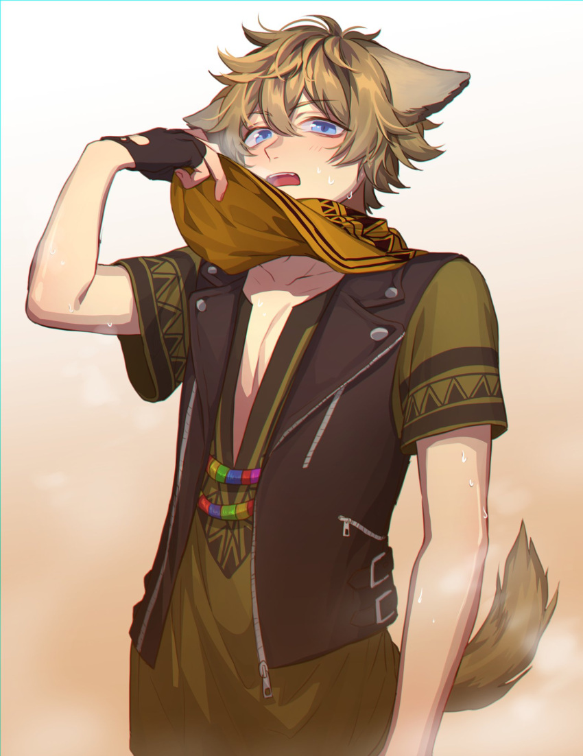 1boy animal_ears arm_at_side bangs black_gloves black_vest blonde_hair blue_eyes brown_hair brown_shirt collarbone commentary_request gloves hair_between_eyes hand_up highres hyena_boy hyena_ears hyena_tail looking_at_viewer male_focus nanin open_clothes open_vest ruggie_bucchi scarf shirt short_hair short_sleeves smile solo sweat twisted_wonderland upper_body vest