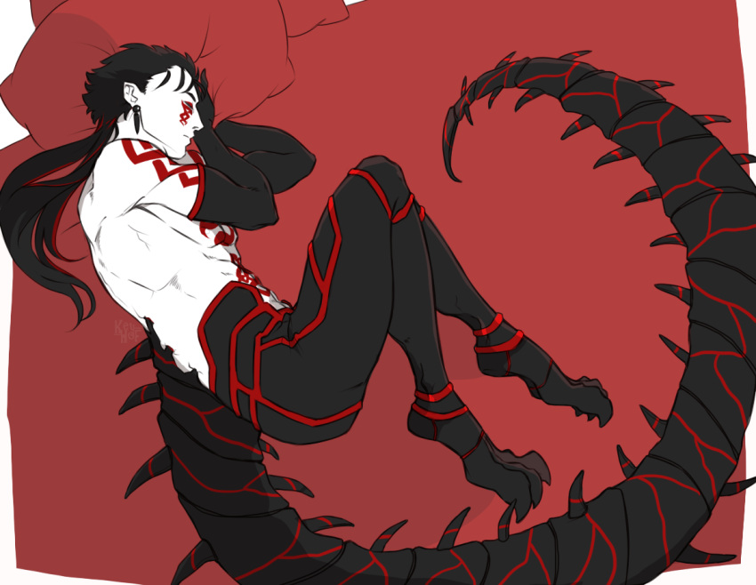 1boy artist_name biceps black_hair bodypaint claws closed_eyes cu_chulainn_(fate)_(all) cu_chulainn_alter_(fate/grand_order) earrings elbow_gloves facepaint fate/grand_order fate/stay_night fate_(series) from_above gloves jewelry keyhof long_hair lying male_focus monster_boy muscle on_side pants pillow skin_tight sleeping solo spikes spiky_hair tail type-moon ufotable