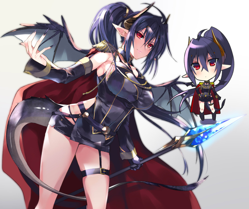 1girl bangs belt black_belt black_gloves black_hair breasts cape character_request chibi copyright_request crystal detached_collar detached_sleeves dragon_tail dragon_wings epaulettes fingernails foot_out_of_frame gloves hair_between_eyes highres holding holding_spear holding_weapon horns kumatora_tatsumi large_breasts long_fingernails long_hair pointy_ears polearm ponytail sideboob sidelocks single_glove smile spear tail thigh_strap weapon wings