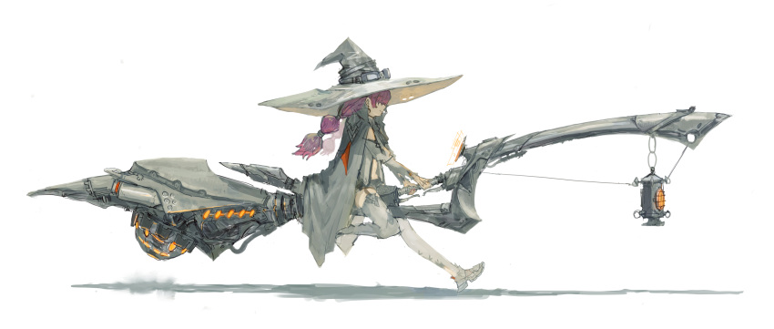 1girl absurdres broom cape chain collared_cape commentary_request covered_eyes from_side garter_straps glowing goggles goggles_on_headwear grey_legwear hair_over_eyes hat highres hover_bike lantern large_hat long_hair original ponytail purple_hair purple_nails short_shorts shorts simple_background sketch smile thigh-highs tomok1 white_background witch witch_hat